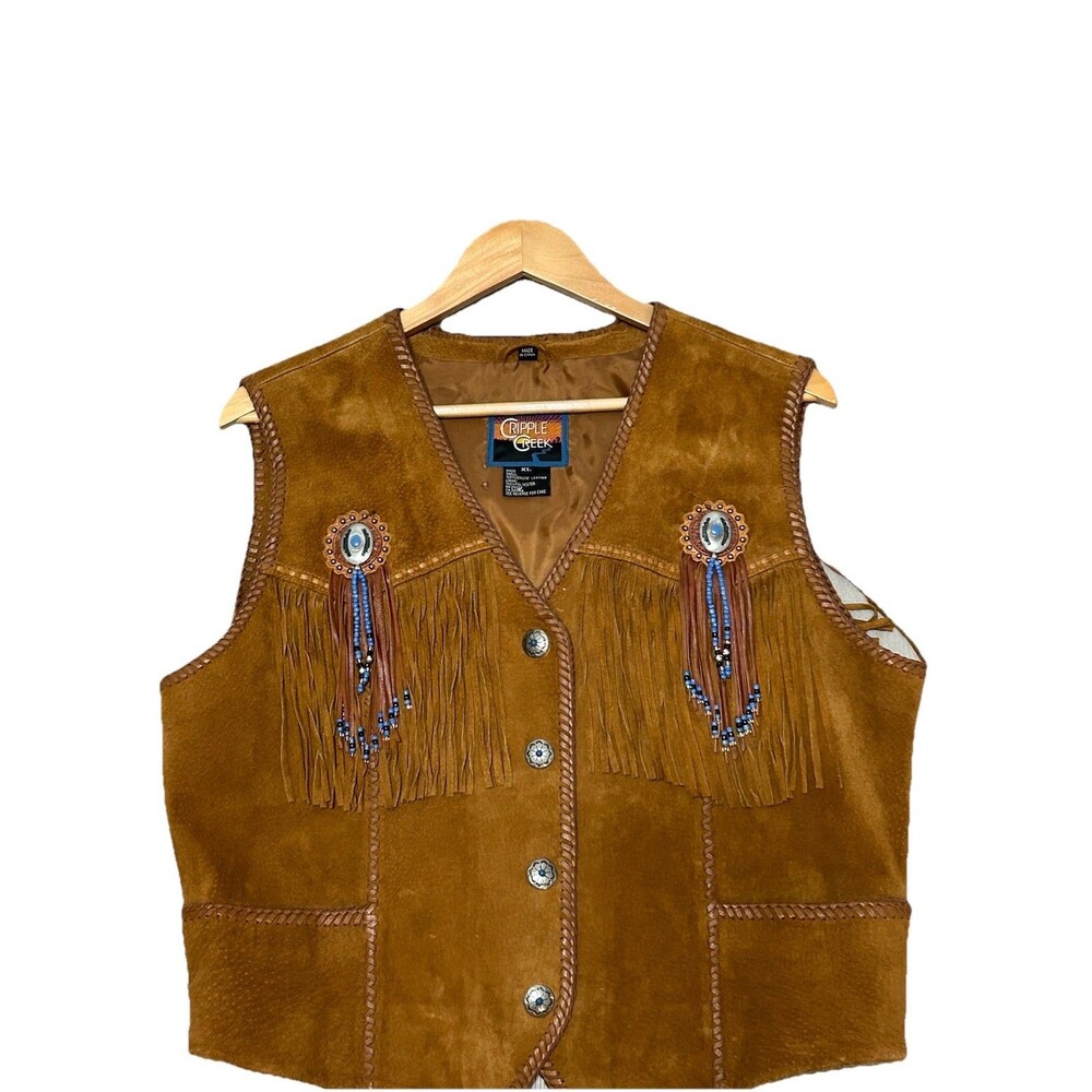 Unisex Cripple Creek XL Southwestern Fringed Suede Leather Vest Snap Front Beads